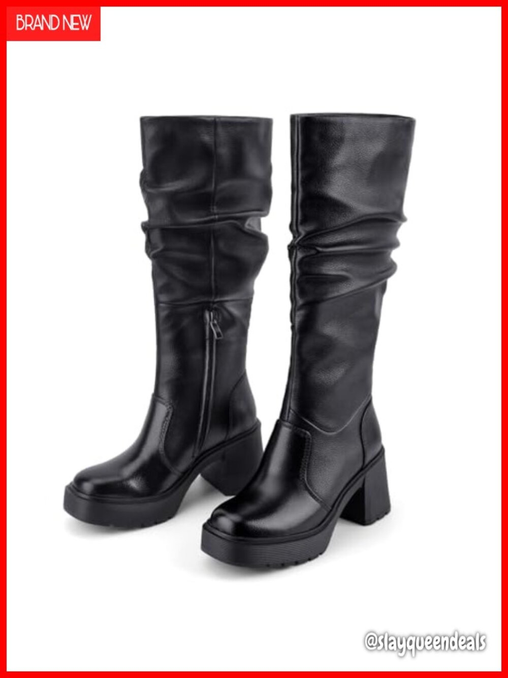 Knee High Platform Boots Women Chunky Block Heel Square Toe Faux Leather Side